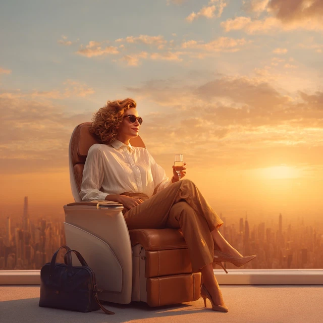 Luxury Travel Woman Sunset City Skyline Premium Economy