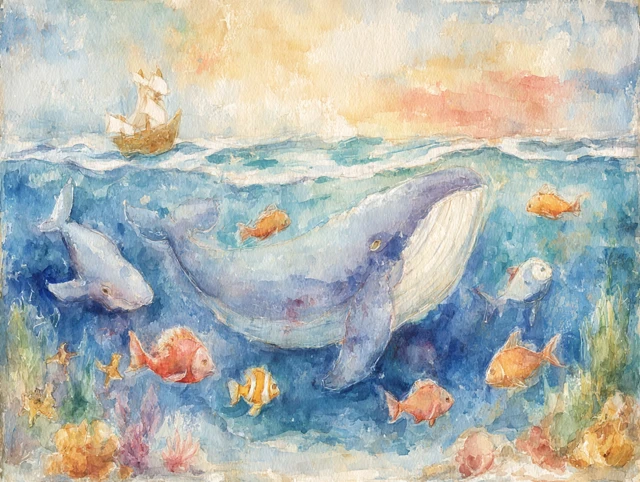 Watercolor Ocean Animal Painting Whale Fish