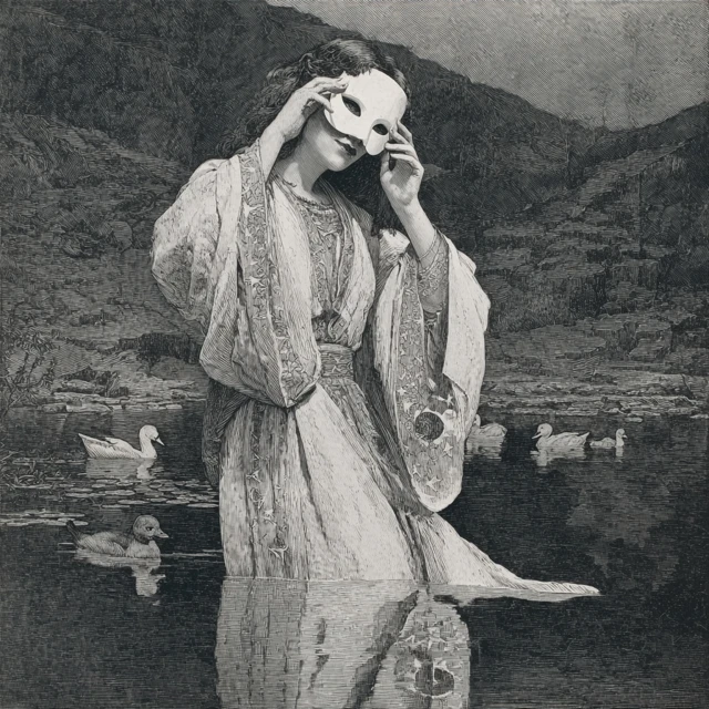 Woman with Mask in Black and White Landscape