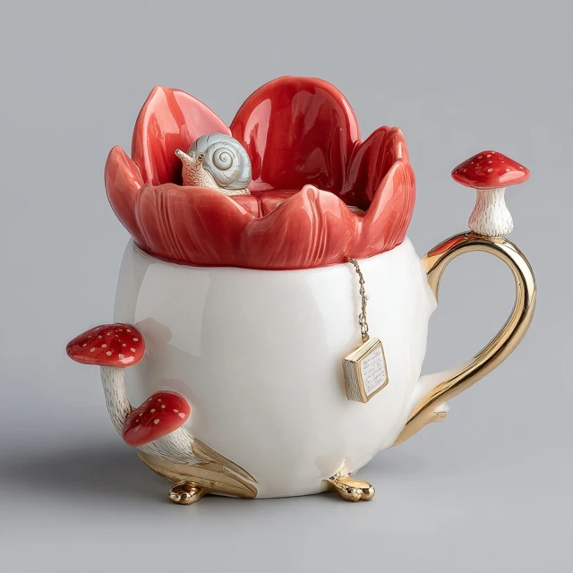 Whimsical Ceramic Mug with Snail Reading in a Tulip