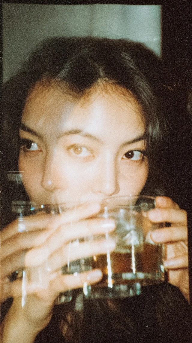 Multiple Exposure Portrait Japanese Woman Iced Coffee