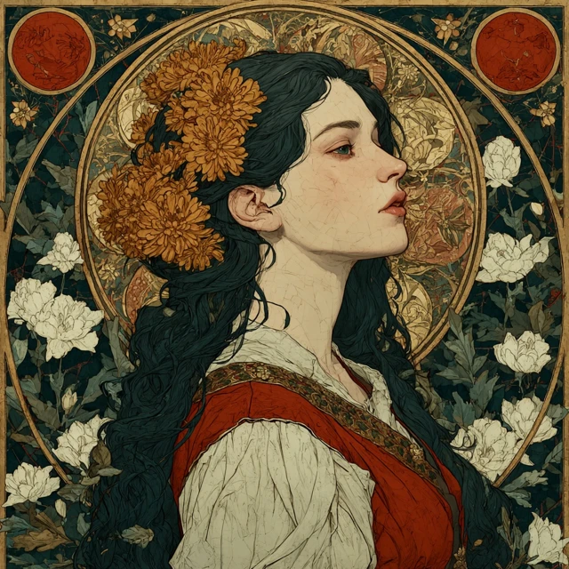 Art Nouveau Portrait Woman Chrysanthemum Crown