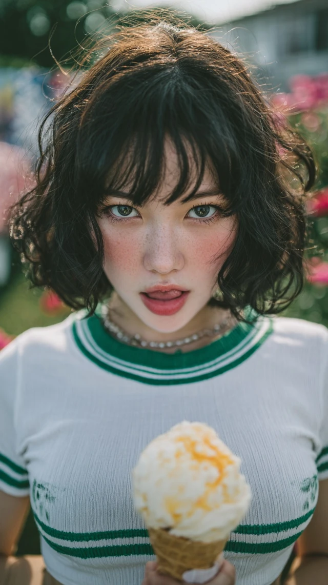 Young Woman With Ice Cream In Park