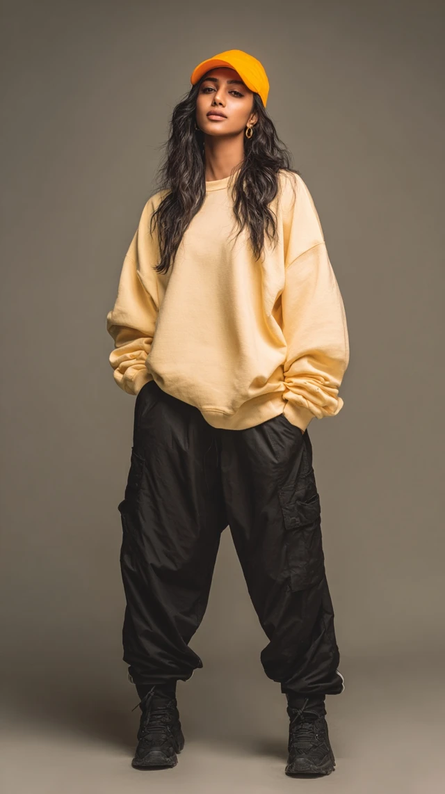 Indian Girl in Yellow Cap and Sweatshirt Fashion Photo