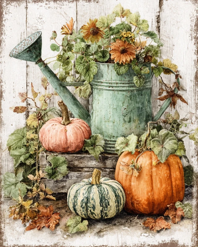 Autumn Watercolor Watering Can Pumpkins Leaves