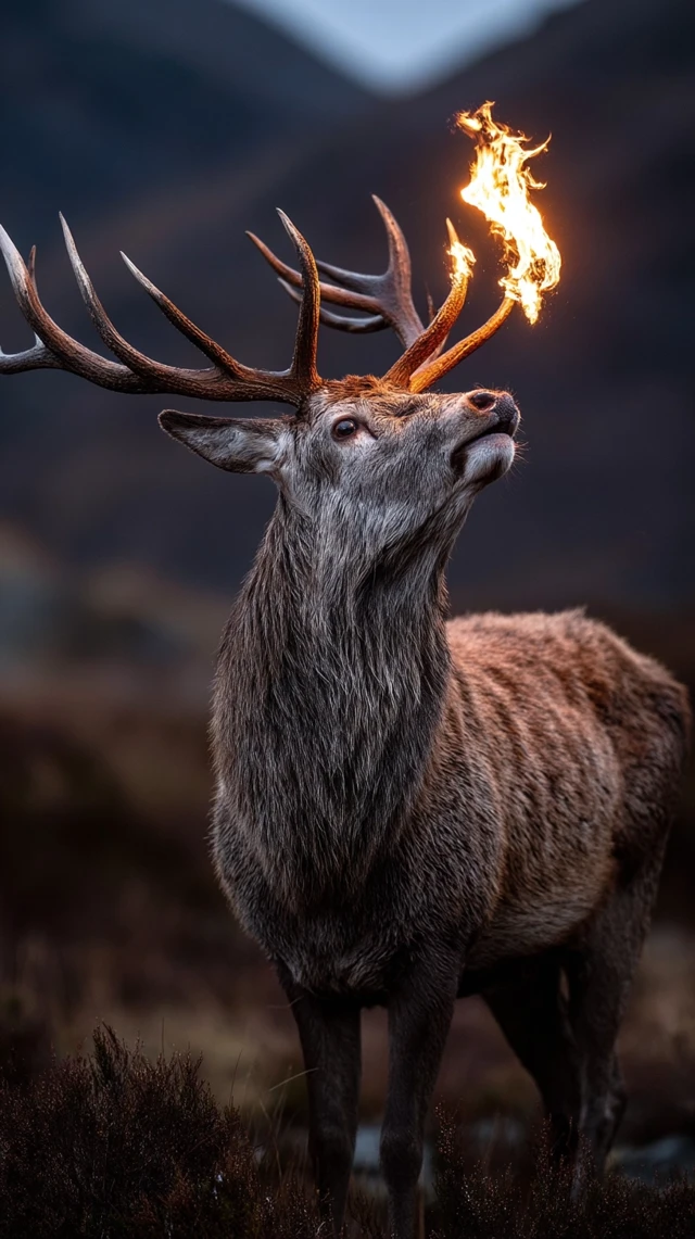Stag with Fire Glowing Antlers Reaching the Sky