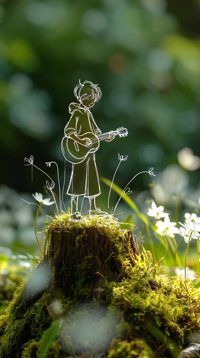 Boy Playing Guitar in Nature Minimalist Art
