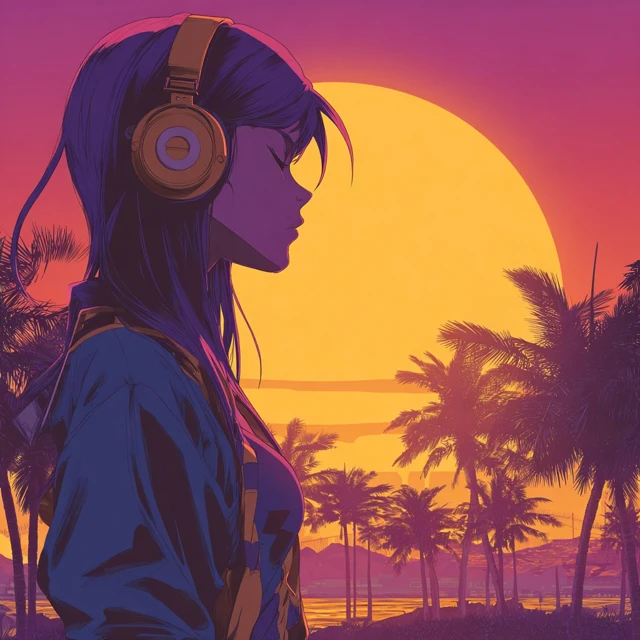 Retrowave Anime Woman with Headphones Palm Tree Sunset