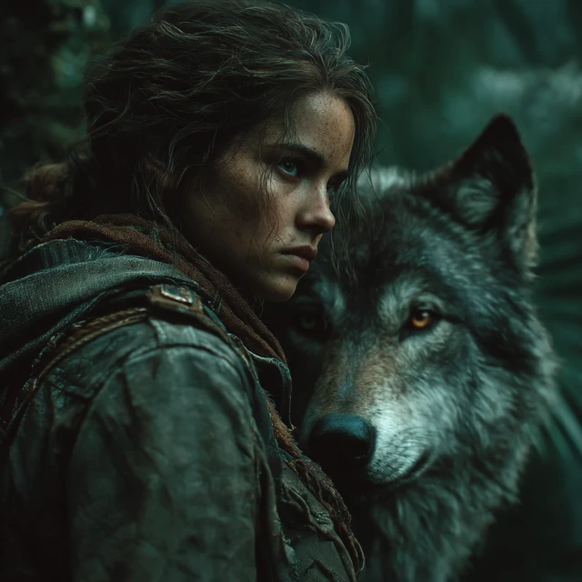 Woman and Wolf in a Mystical Forest
