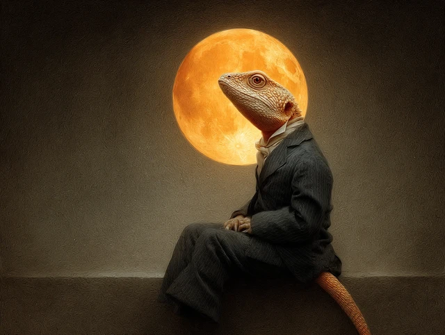 Lizardman and Orange Moon Painting by Christian Schloe
