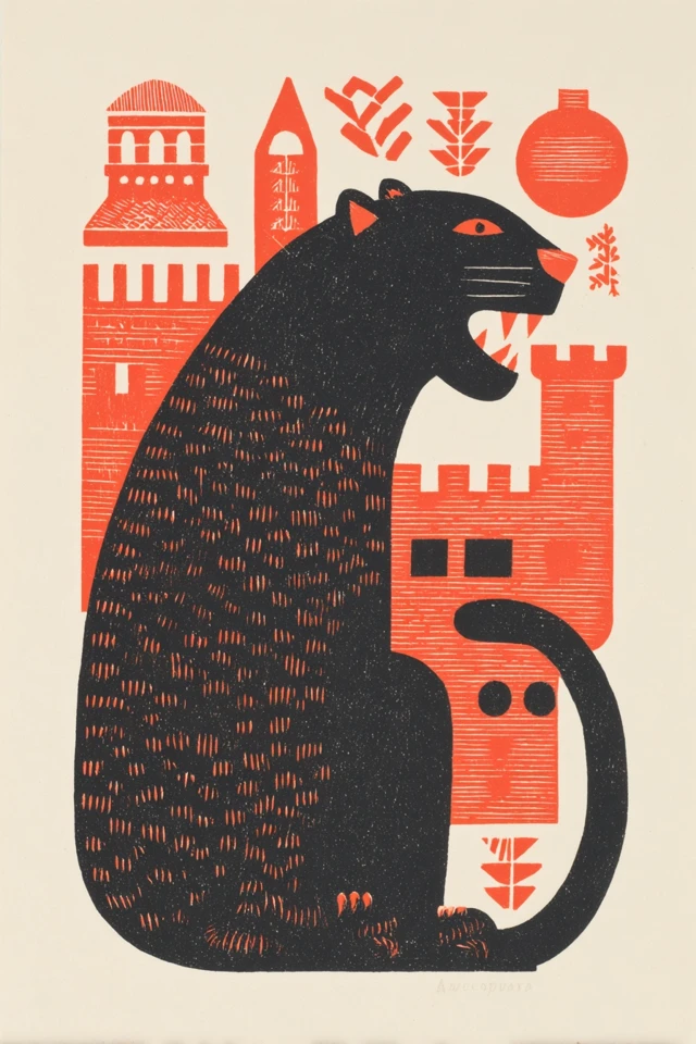 Panther With Castle Linocut Print by Don Blanding