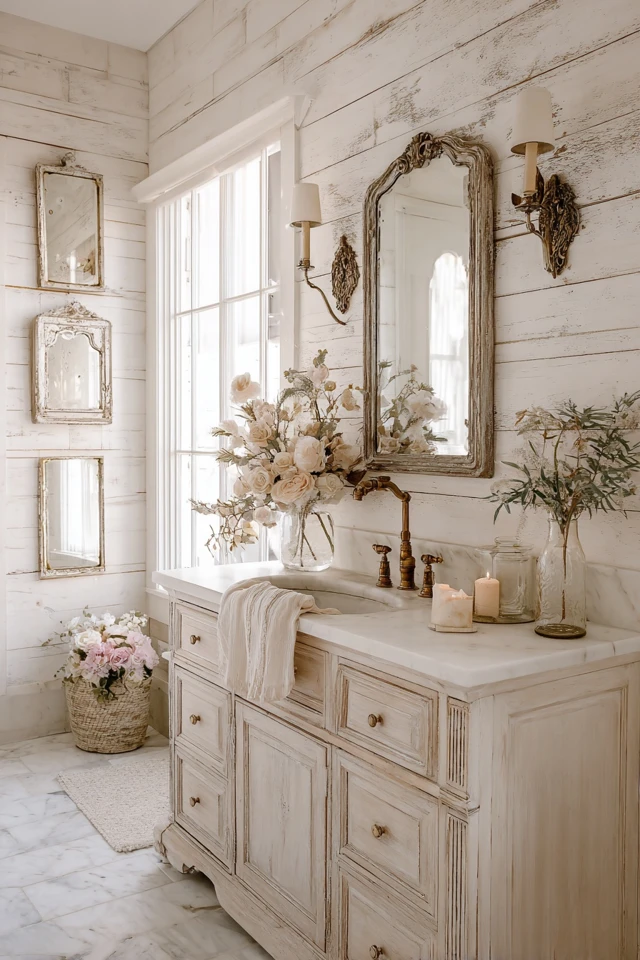 Vintage Bathroom Decor Shiplap Walls and Antique Vanity