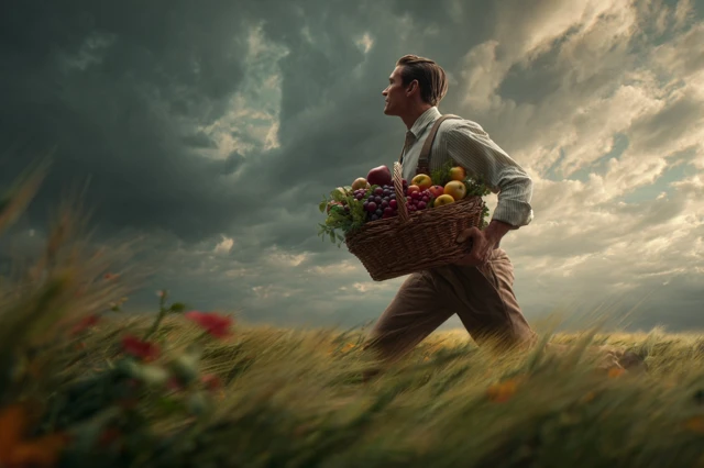 Man with Fruit Basket in Field Hyperrealistic