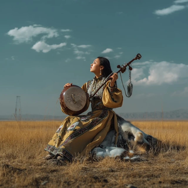 Kazakh Woman with Dombra in Steppe