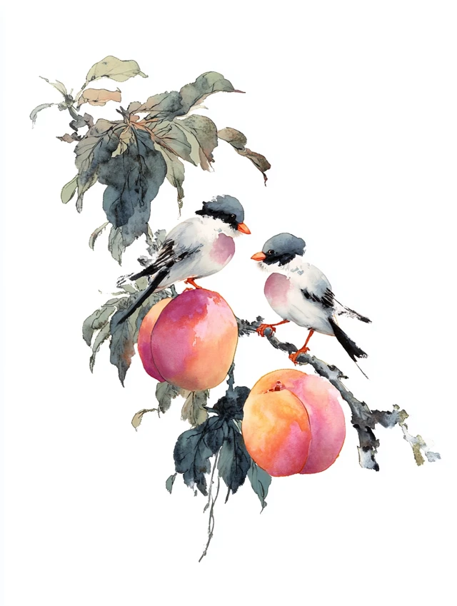 Chinese Ink Painting Birds and Peaches
