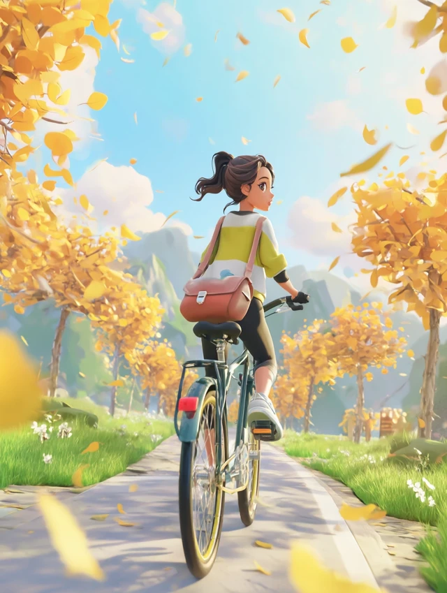 Girl Riding Bike Autumn Scene Illustration