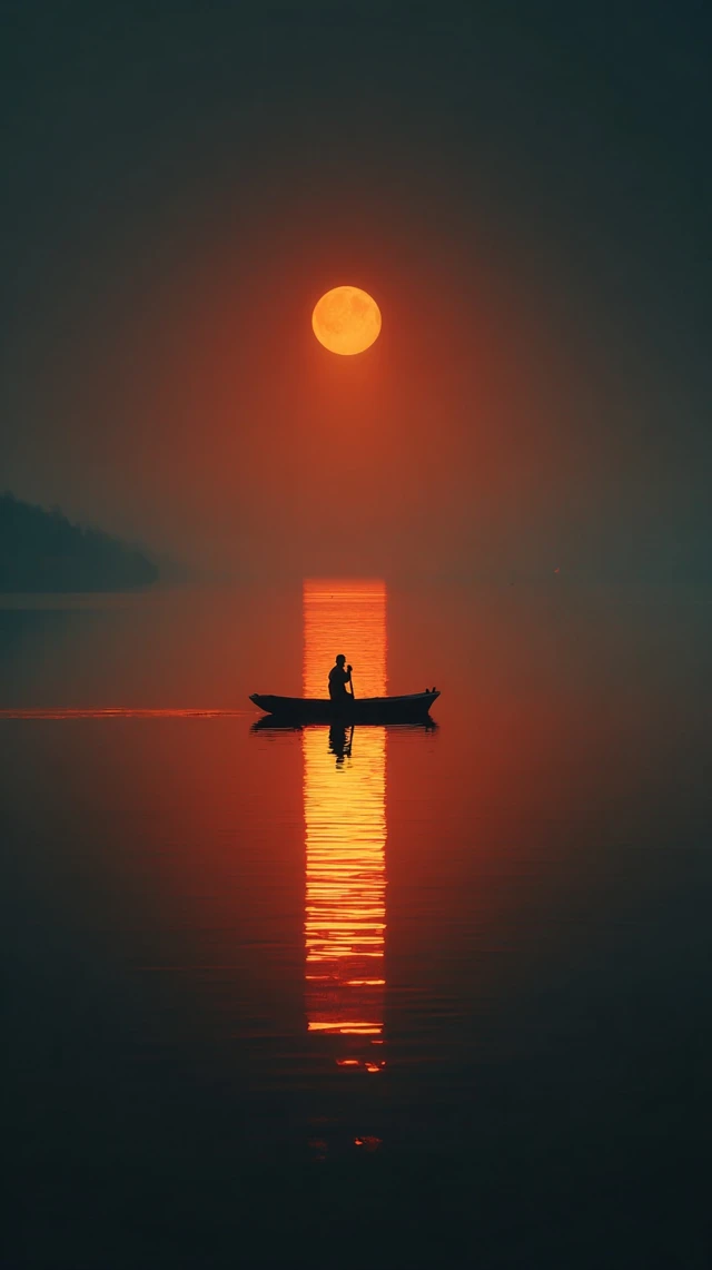 Lone Boater Under the Orange Moon Surreal Lake Scene