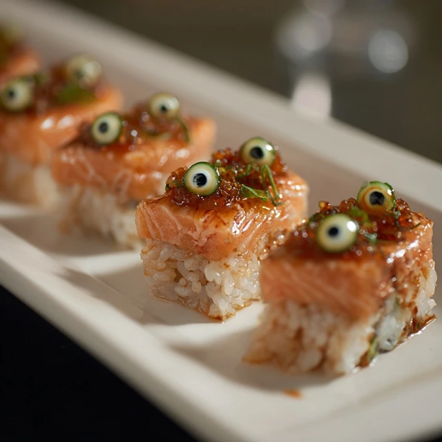 Spicy Salmon Sushi with Googly Eyes Food Photography