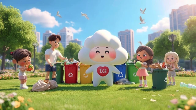 Kids and Adult Recycle in Park with Cartoon Character