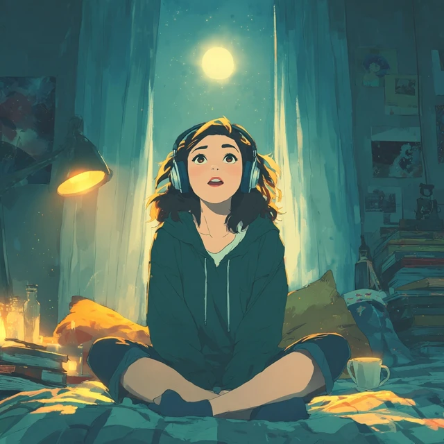 Anime Girl Listening to Music in Her Bedroom