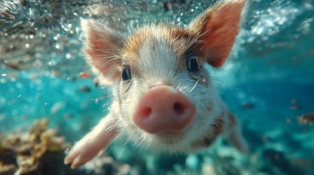 Cute Pig Swimming Underwater Ocean Portrait