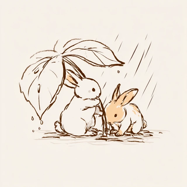 Bunny Shelter Rainy Day Illustration