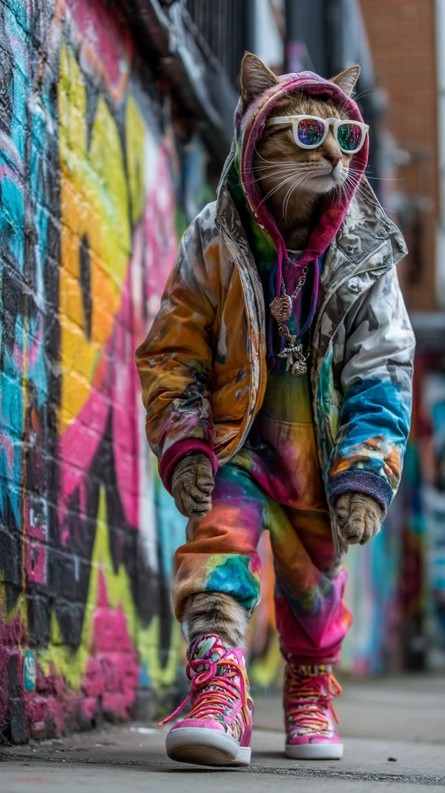 Cool Cat in Urban Style Walking Through Graffiti Alley
