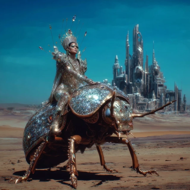 Elegant Queen on Jewel Beetle in Desert Fantasy