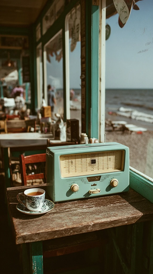 Vintage Radio and Tea Seaside Cafe Scene