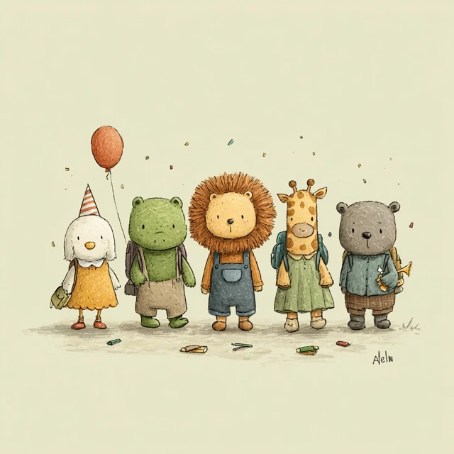 Animal Parade Going to School Cute Illustration