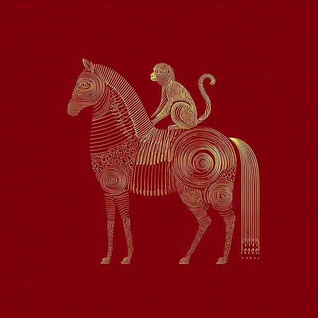 Golden Horse and Monkey Illustration Chinese Art