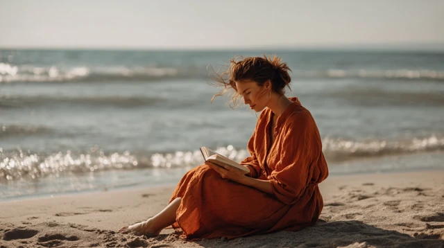 Woman Reading on Beach Serene Scene