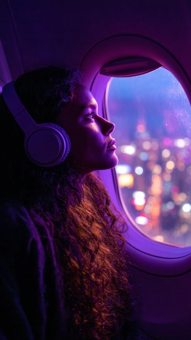 Woman on Airplane New York Night View