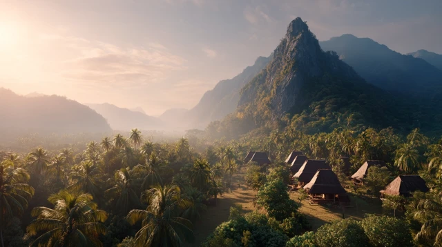 Indonesian Village Drone Shot Mountain Scenery Golden Light