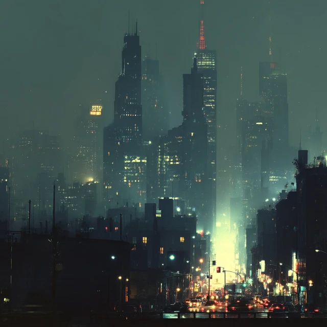 Night Cityscape Illustration with Skyscrapers and Lights