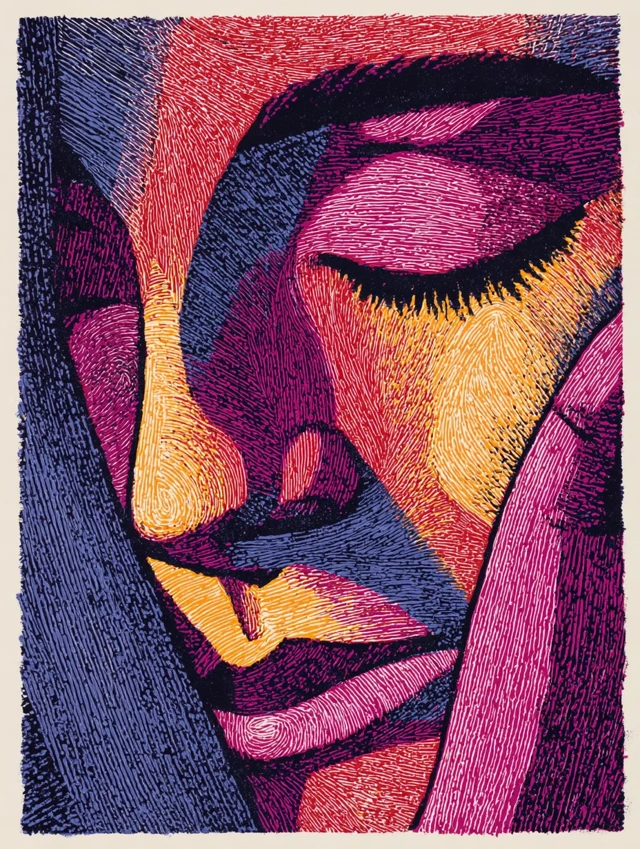 Linocut Print Vibrant Portrait Elizabeth Catlett Haring