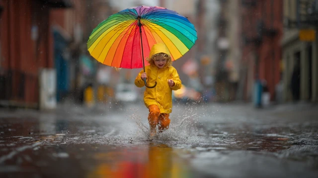 Childs Joyful Puddle Play Rainbow Umbrella Street Photo
