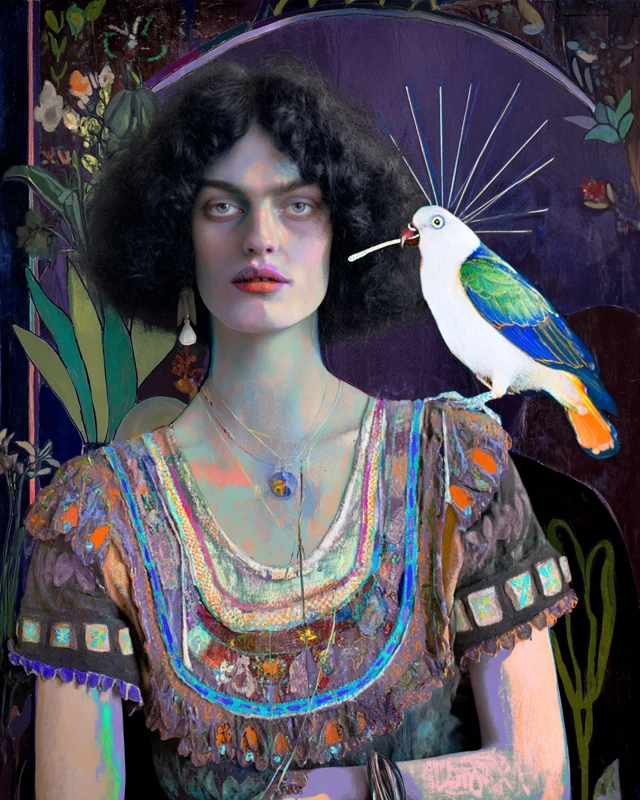 Dark Solarized Retro Portrait with Bird