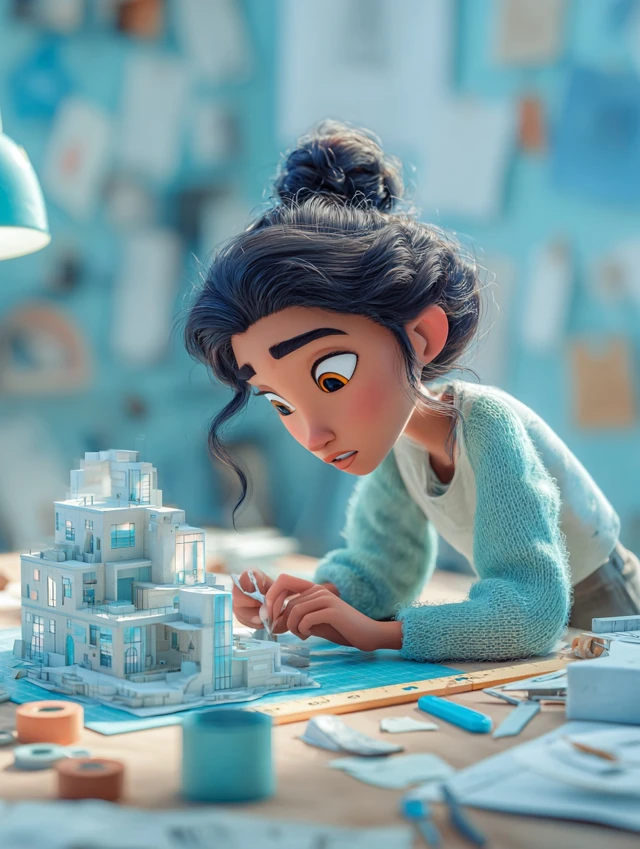 Latina Woman Pixar Style Working Architecture