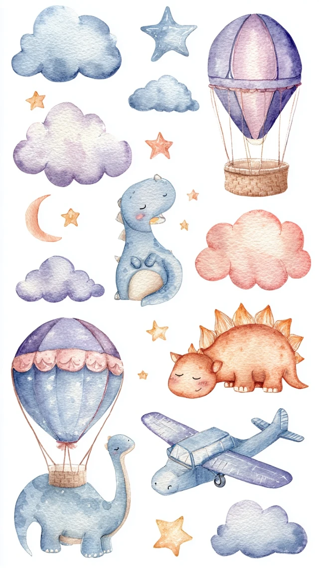 Cute Baby Clipart Watercolor Elements in Pastel Tones