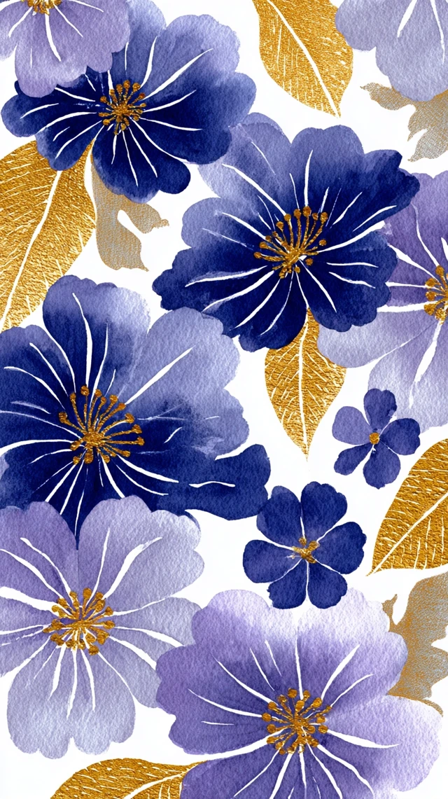 Watercolor Japanese Floral Pattern Gold Blue Purple