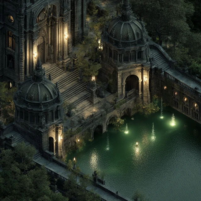 Gothic Fantasy Park with Dramatic Lighting and Architecture