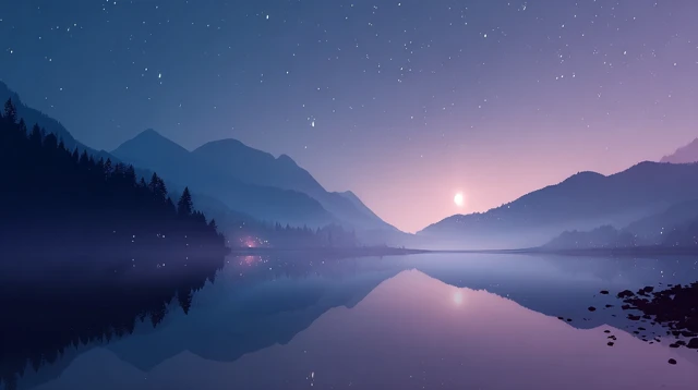 Night Lake Landscape Stars Moonlight Mountain View