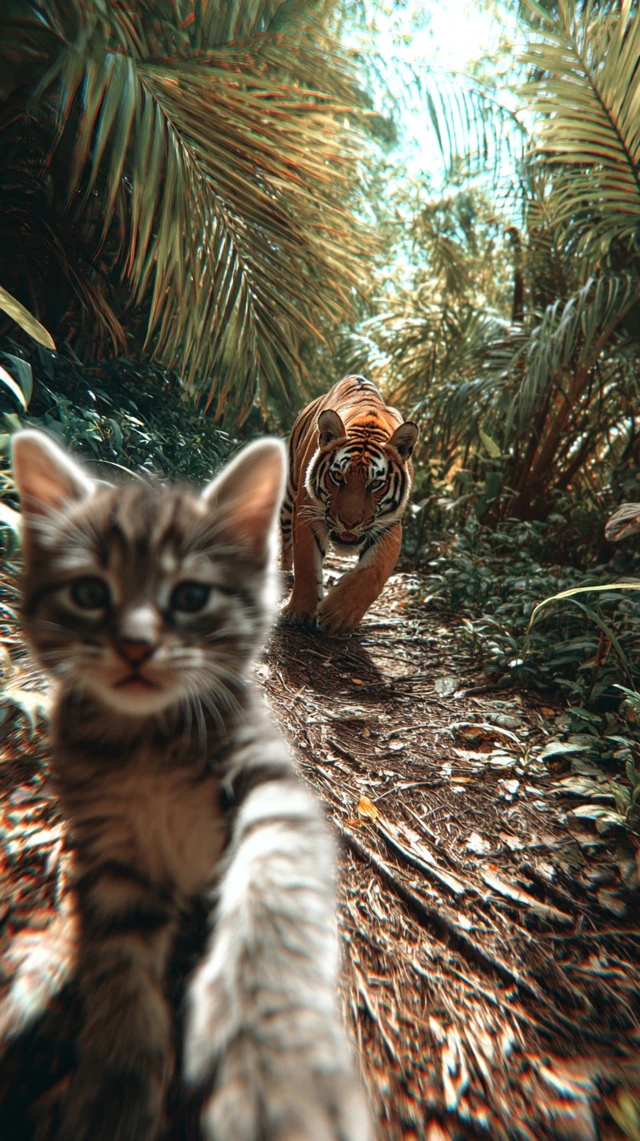 Kitten Selfie Chased by Tiger in Jungle