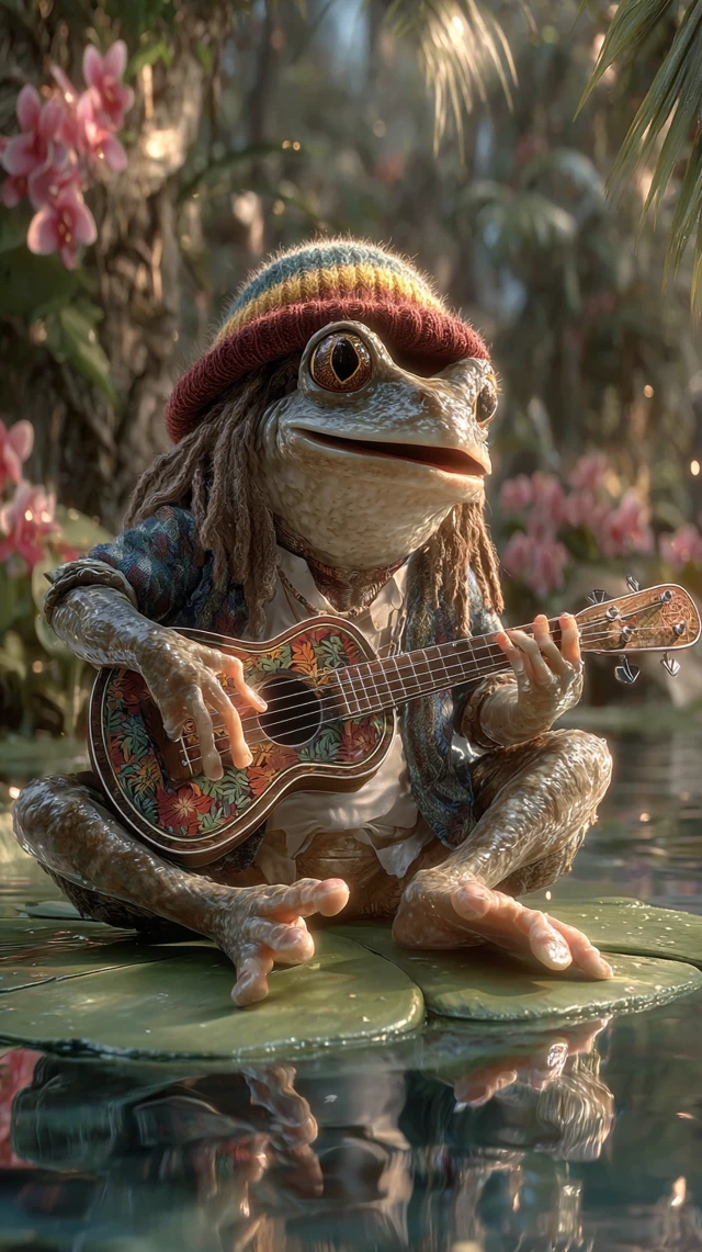 Singing Frog with Ukulele Tropical Scene