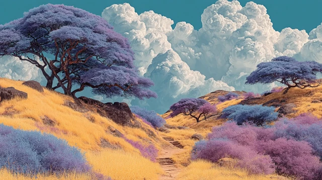 Psychedelic Landscape Blue Trees Violet Sky