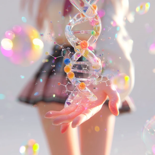 DNA Art: Pastel Girl and Floating Molecule Illustration