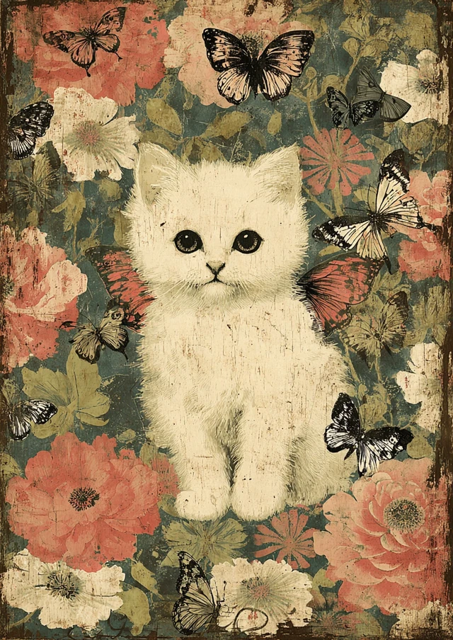 Victorian Kitten Portrait Butterflies Flowers