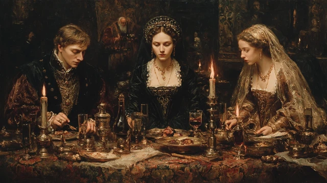 Renaissance Banquet Painting Noble Figures Candlelight