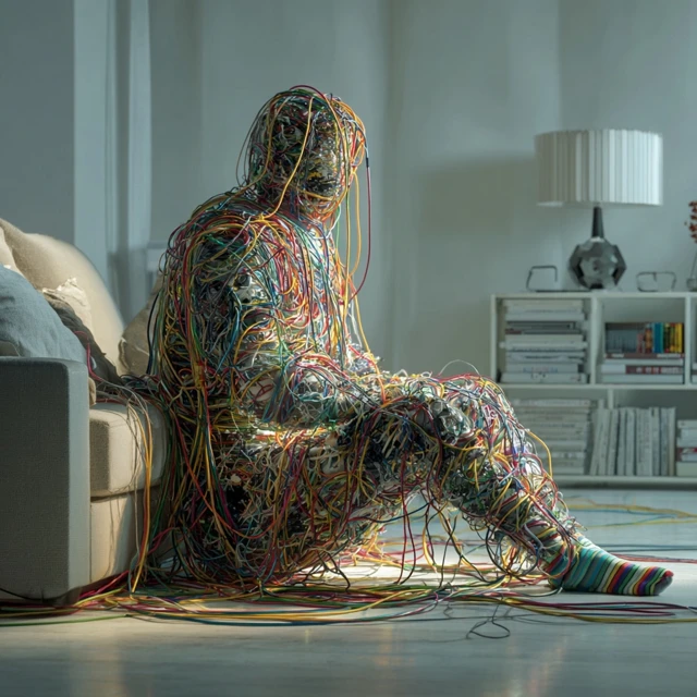 Human Cocooned in Cables Surreal Modern Art